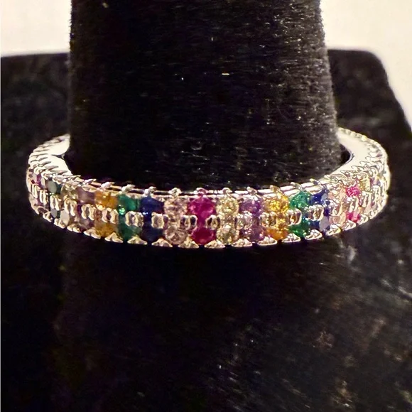 Ring - size 7.75 -New - dainty multi-color rhinestones silver tone band. BOGO ⬇️ - Picture 5 of 9